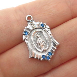 925 Sterling Silver Antique Art Deco Blue Rhinestone St. Mary Medal Mini Pendant